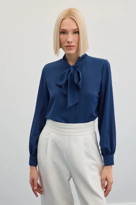 Yakası Bağlamalı Düz Gömlek - İndigo-İndigo - 5