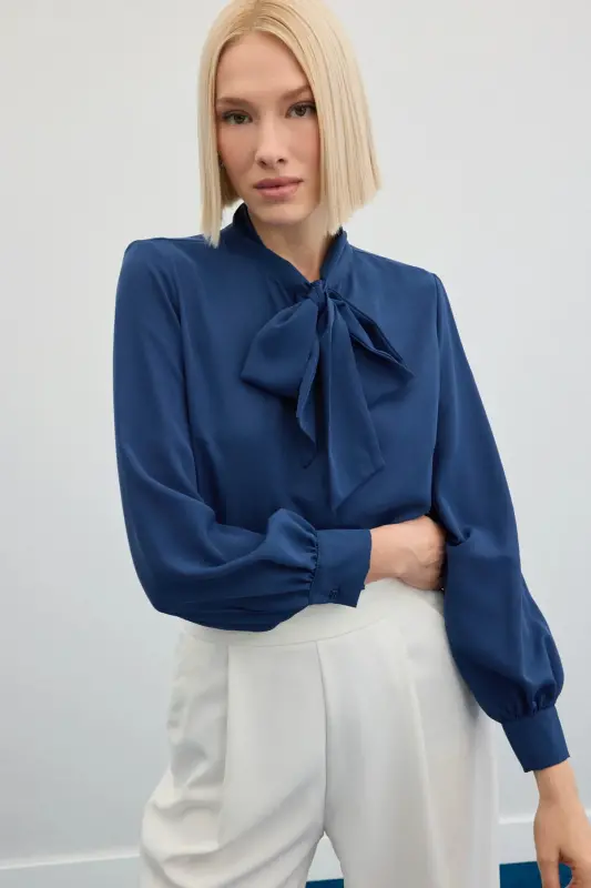 Yakası Bağlamalı Düz Gömlek - İndigo-İndigo - 6