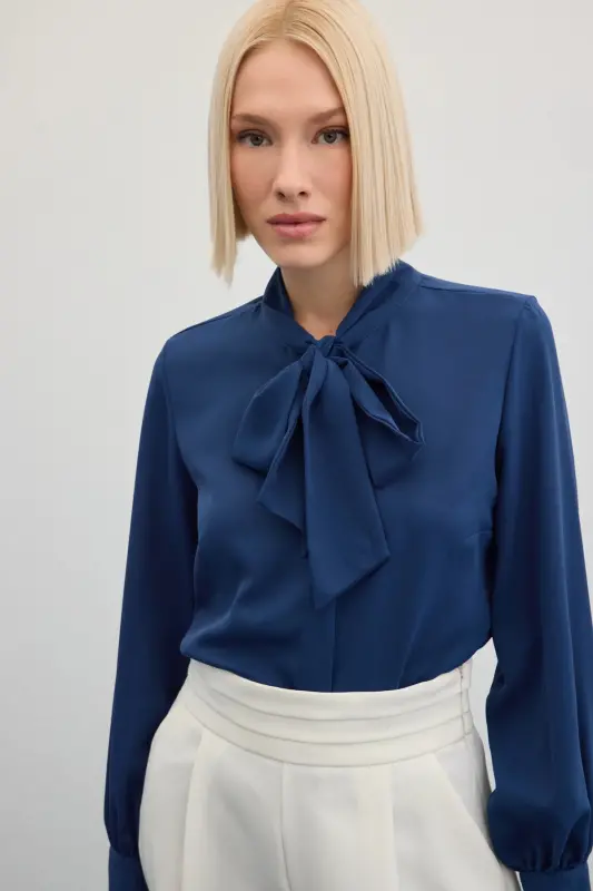 Yakası Bağlamalı Düz Gömlek - İndigo-İndigo - 7