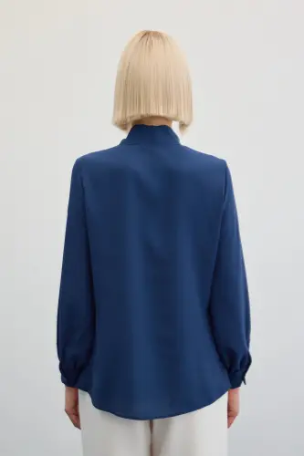 Yakası Bağlamalı Düz Gömlek - İndigo-İndigo - 8