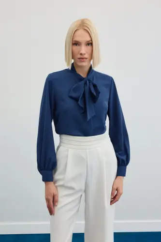 Yakası Bağlamalı Düz Gömlek - İndigo-İndigo 