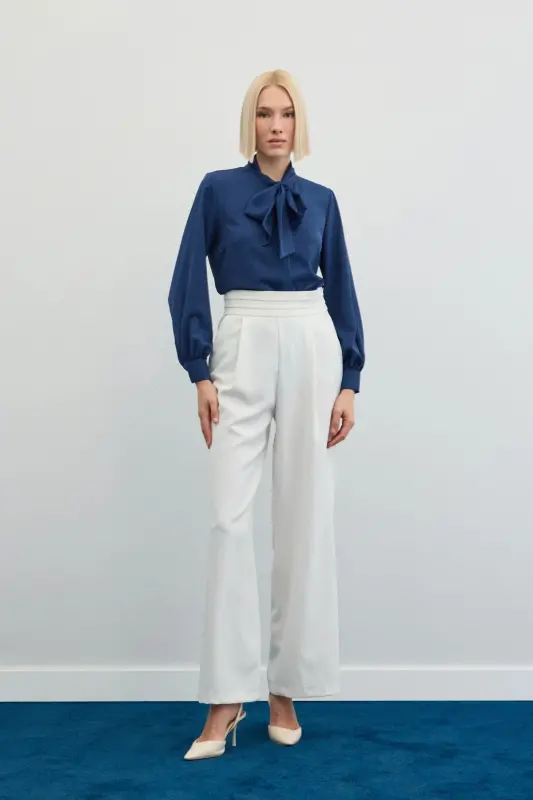 Yakası Bağlamalı Düz Gömlek - İndigo-İndigo - 2