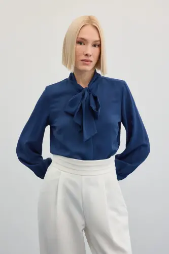 Yakası Bağlamalı Düz Gömlek - İndigo-İndigo - 3