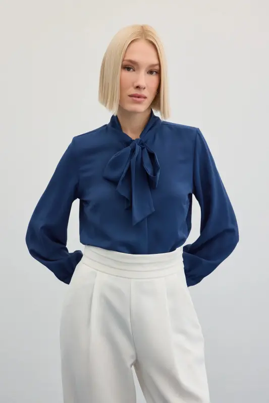 Yakası Bağlamalı Düz Gömlek - İndigo-İndigo - 3