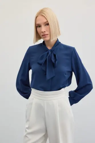 Yakası Bağlamalı Düz Gömlek - İndigo-İndigo - 4