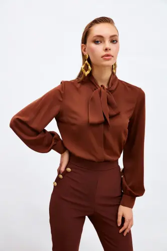 Yakası Bağlamalı Düz Gömlek - Kahve-KAHVE - 4