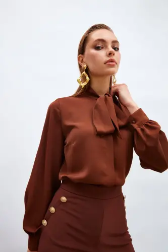 Yakası Bağlamalı Düz Gömlek - Kahve-KAHVE - 6