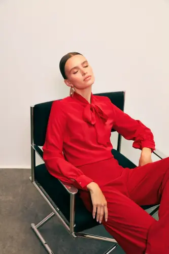 Yakası Bağlamalı Düz Gömlek - Kırmızı-KIRMIZI - 1