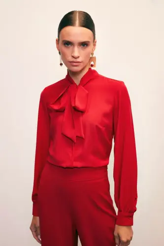 Yakası Bağlamalı Düz Gömlek - Kırmızı-KIRMIZI - SATEEN (1)