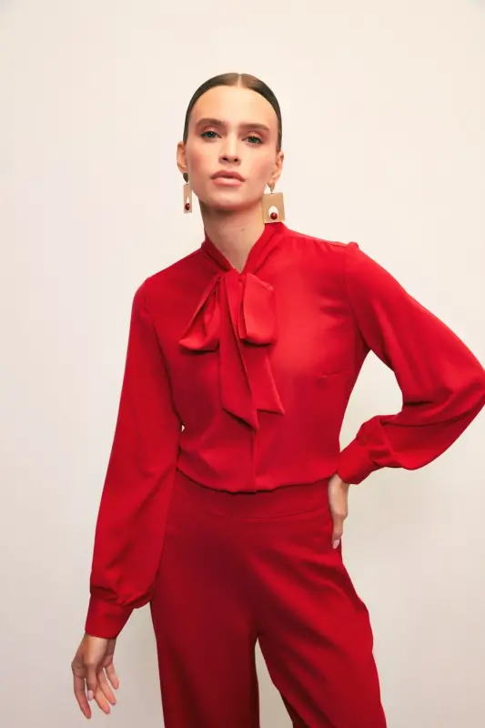 Yakası Bağlamalı Düz Gömlek - Kırmızı-KIRMIZI - 3