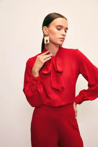 Yakası Bağlamalı Düz Gömlek - Kırmızı-KIRMIZI - 4