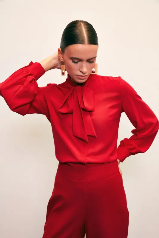 Yakası Bağlamalı Düz Gömlek - Kırmızı-KIRMIZI - 5