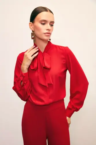 Yakası Bağlamalı Düz Gömlek - Kırmızı-KIRMIZI - 6