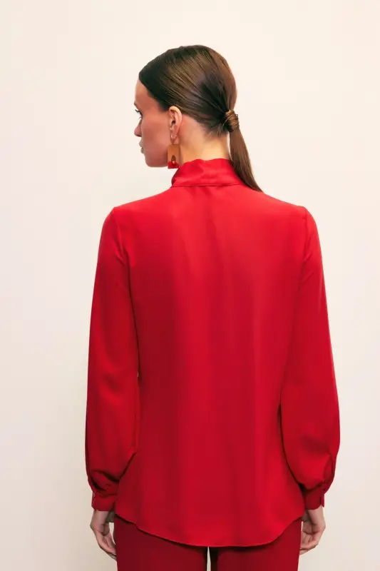 Yakası Bağlamalı Düz Gömlek - Kırmızı-KIRMIZI - 7