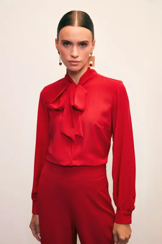 Yakası Bağlamalı Düz Gömlek - Kırmızı-KIRMIZI - 2