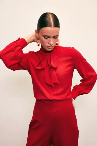 Yakası Bağlamalı Düz Gömlek - Kırmızı-KIRMIZI - 5