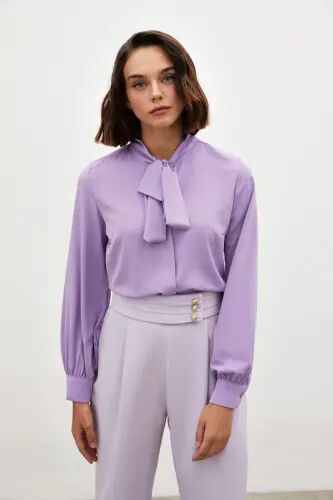 Yakası Bağlamalı Düz Gömlek - Lila - LİLA - Sateen (1)