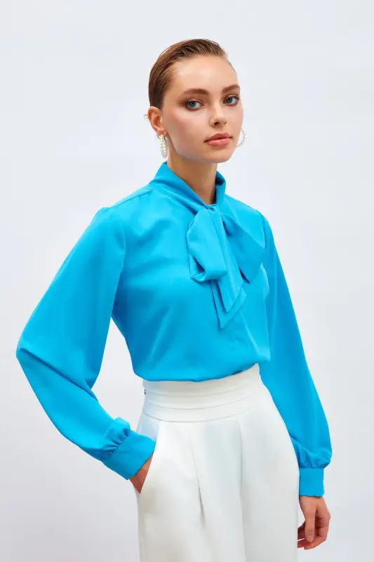 Yakası Bağlamalı Düz Gömlek - Mavi-MAVİ - SATEEN