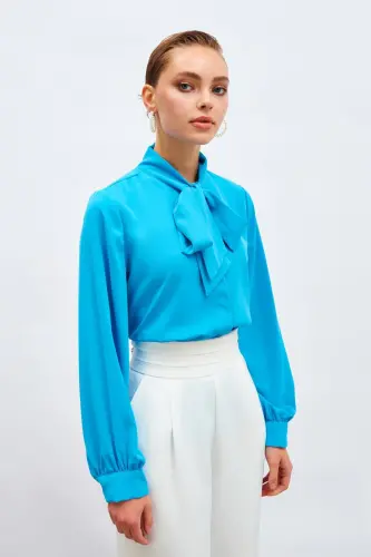 Yakası Bağlamalı Düz Gömlek - Mavi-MAVİ - SATEEN (1)