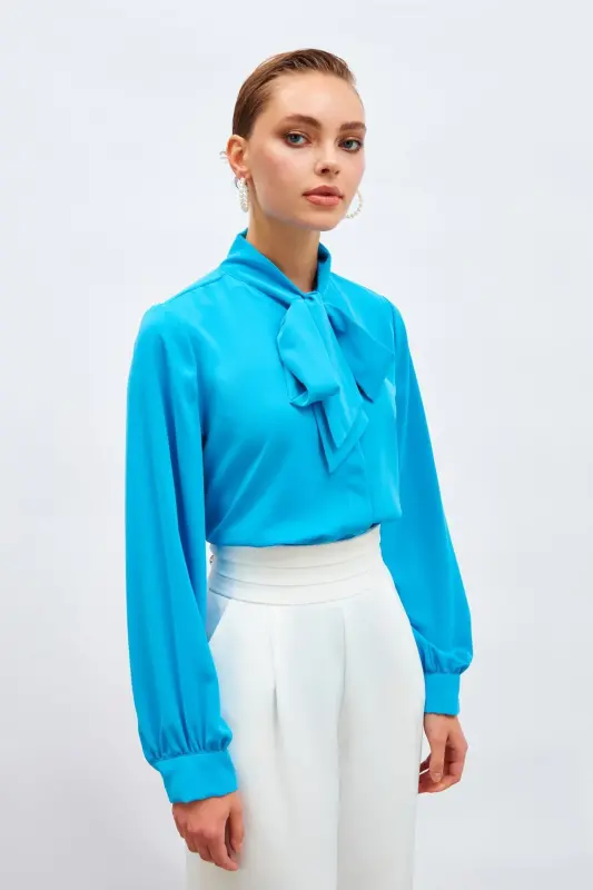 Yakası Bağlamalı Düz Gömlek - Mavi-MAVİ - 2