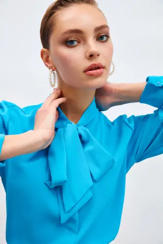 Yakası Bağlamalı Düz Gömlek - Mavi-MAVİ - 3