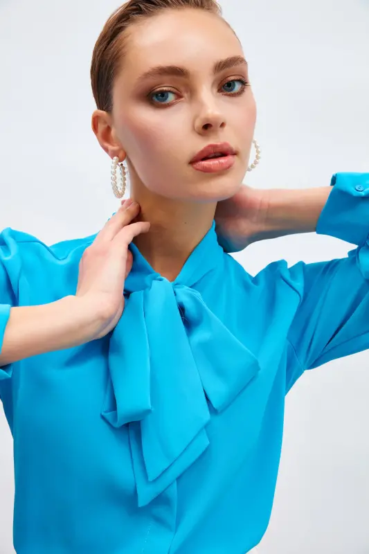 Yakası Bağlamalı Düz Gömlek - Mavi-MAVİ - 3