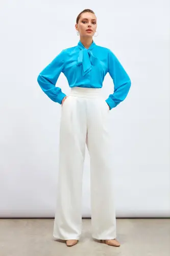 Yakası Bağlamalı Düz Gömlek - Mavi-MAVİ - 4