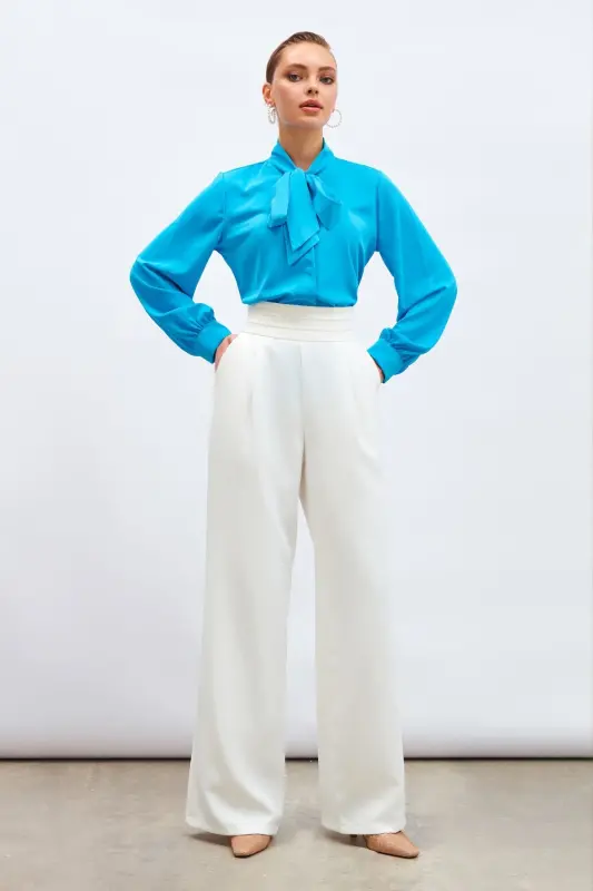 Yakası Bağlamalı Düz Gömlek - Mavi-MAVİ - 4