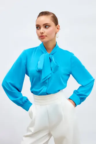 Yakası Bağlamalı Düz Gömlek - Mavi-MAVİ - 5