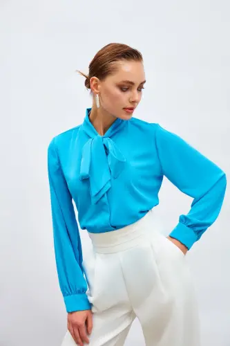 Yakası Bağlamalı Düz Gömlek - Mavi-MAVİ - 6