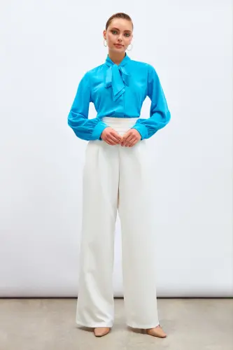 Yakası Bağlamalı Düz Gömlek - Mavi-MAVİ - 7