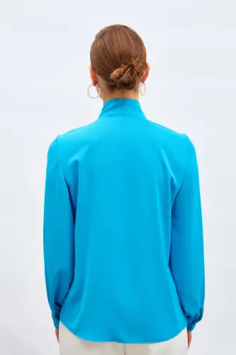 Yakası Bağlamalı Düz Gömlek - Mavi-MAVİ - 8