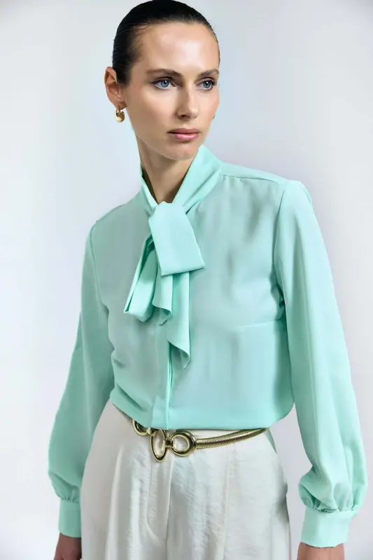 Yakası Bağlamalı Düz Gömlek - Mint - Mint - SATEEN