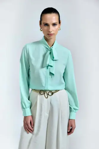 Yakası Bağlamalı Düz Gömlek - Mint - Mint - SATEEN (1)