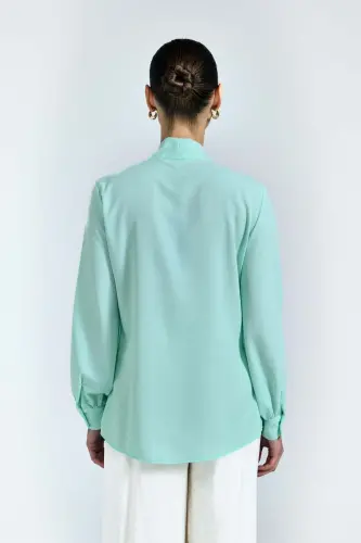 Yakası Bağlamalı Düz Gömlek - Mint - Mint - 7