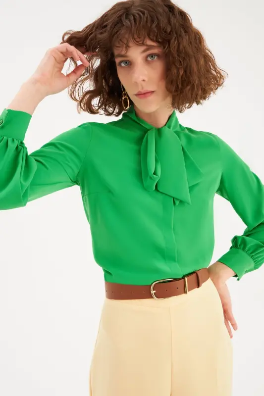 Yakası Bağlamalı Düz Gömlek - Yeşil-YEŞİL - 3