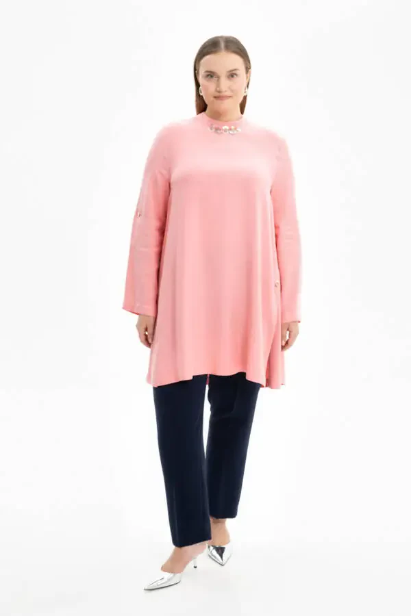 Yakası İşlemeli Viskon Tunik-Somon - 1
