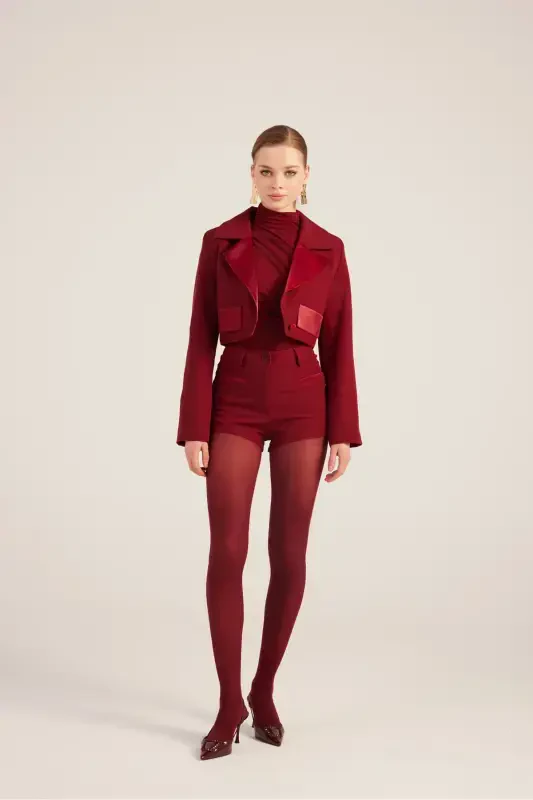 Yakası Saten Detaylı Camila Crop Blazer Ceket Bordo-Bordo - HOLLY LOLLY