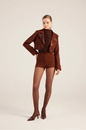 Yakası Saten Detaylı Camila Crop Blazer Ceket Kahve - Kahve - 11