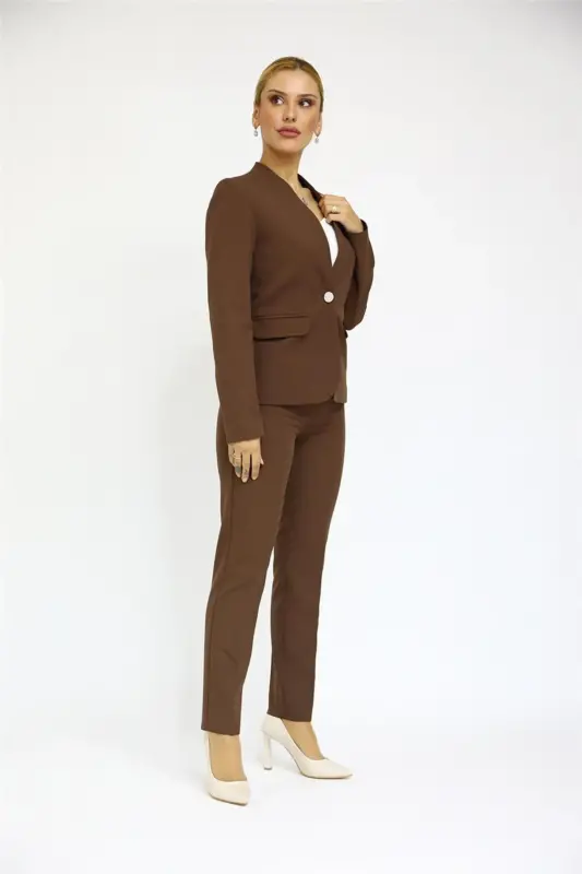 Tek Düğmeli Klasik Ceket & Dar Paça Pantolon-Kestane-Acı Kahve - 3