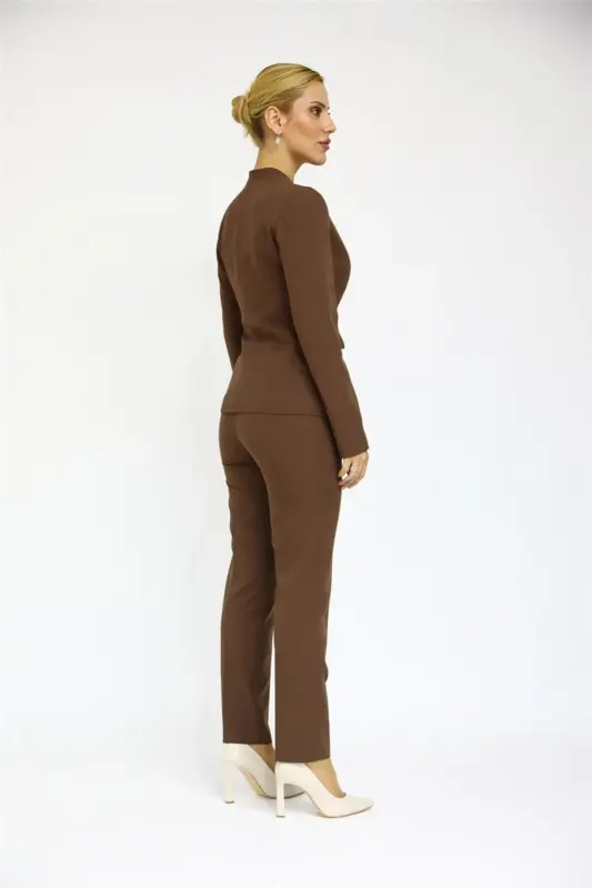 Tek Düğmeli Klasik Ceket & Dar Paça Pantolon-Kestane-Acı Kahve - 4