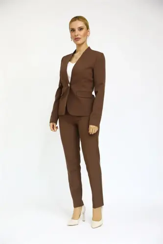 Tek Düğmeli Klasik Ceket & Dar Paça Pantolon-Kestane-Acı Kahve - 5