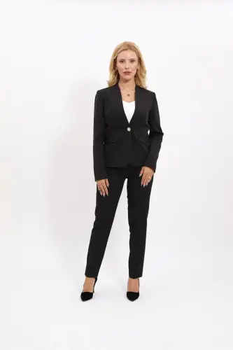 Tek Düğmeli Klasik Ceket & Dar Paça Pantolon-Siyah-Siyah - 2