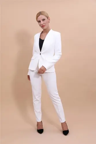 Yakasız Tek Tugmali Ceket & Boru Paça Pantolon Takım-Ekru-Ekru - 5