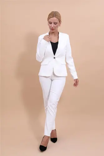 Yakasız Tek Tugmali Ceket & Boru Paça Pantolon Takım-Ekru-Ekru - 4