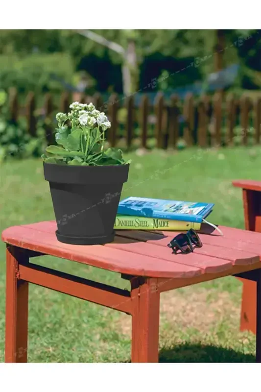 Yalı Pot 3 Liters No3 Mocha Coffee 19cm Saucered Drained Grilled Matte Plastic Flower Pot-3L COFFEE - 6