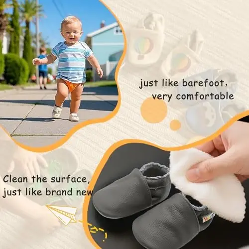 YALION Soft Leather Baby Shoes Moccasins Slip-on Boys Girls Slippers with Elastic Ankle, Anti-Slip First Walking Crib Shoes for Infant Toddlers - 4