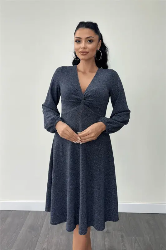 Yaltiroq Krep Mato Burg'u Detalli Midi Ko'ylak - KO'K - 3