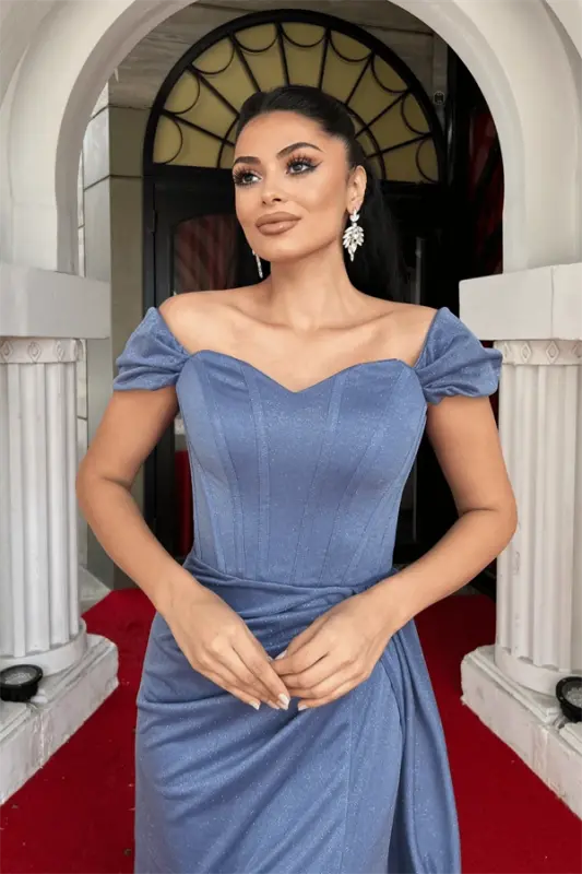 Yaltiroq matoli, balenli abiye ko'ylak - INDIGO KO'K - 3