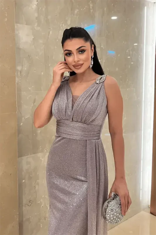 Yaltiroq matoli tosh detalli kechki libos - LILA - 3